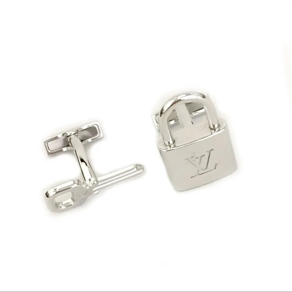 ☘️NEW Louis Vuitton Silver Lock & Key Cuff Links + Damier Ebene Case & Dust Bag - Picture 2 of 14